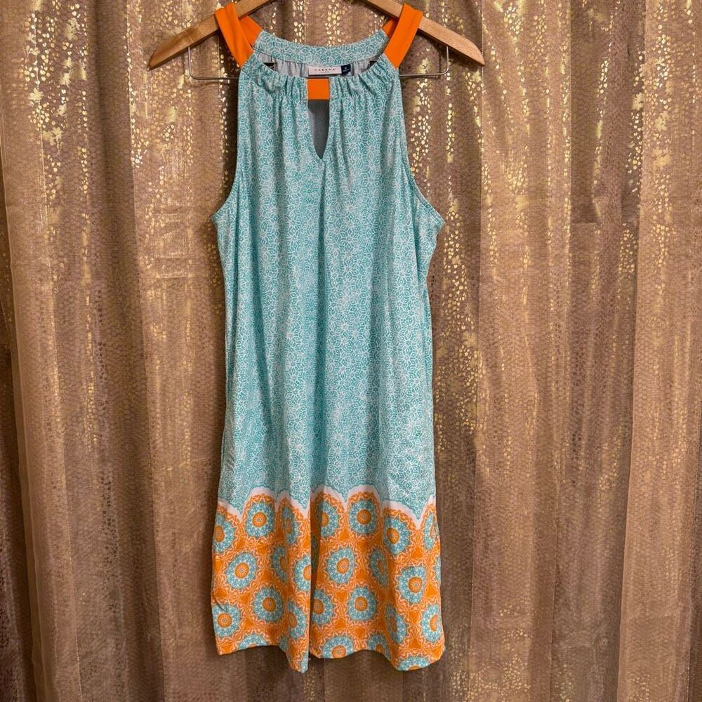 Cabana Life Aqua Blue Orange Printed Nylon Stretchy Mini Sun Dress Medium